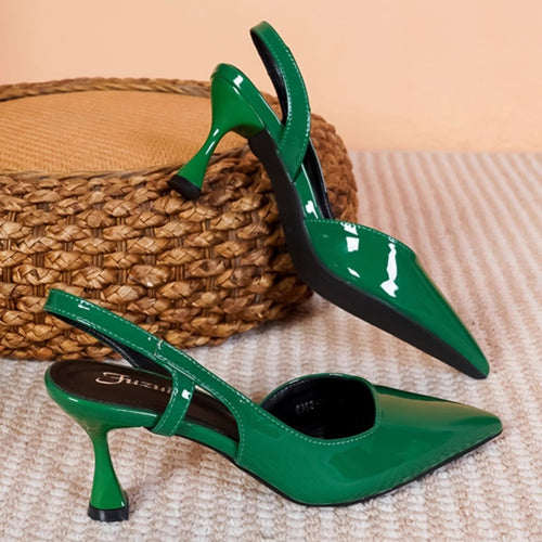 2026 New One-Strap Ultra High Heel Side Cut Pointed Toe Stiletto Heels French Style Green Closed Toe Back Cut, Women Shoes