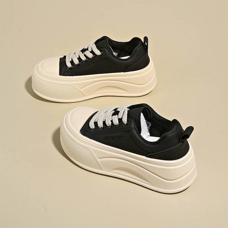Pancake-style Platform Casual Sneakers for Petite Women | Stylish and Versatile, Suitable for Heightening and Enhancing Athletic Performance, Upper, Rubber Sole, Fabric Inner, Lace Closure, All-Season, Solid Color
