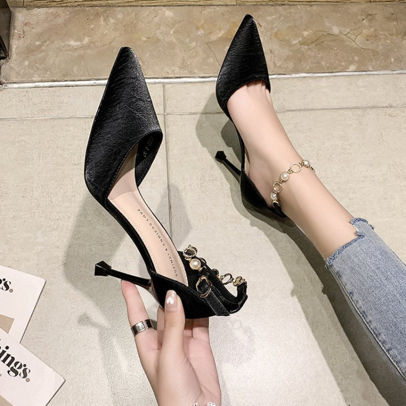 2026 New Women'S Stiletto Heeled in White with Pointed Toes, Featuring a Single Strap And Hollow Design, Perfect for a Gentle Fairy Style Summer Party., Women Shoes