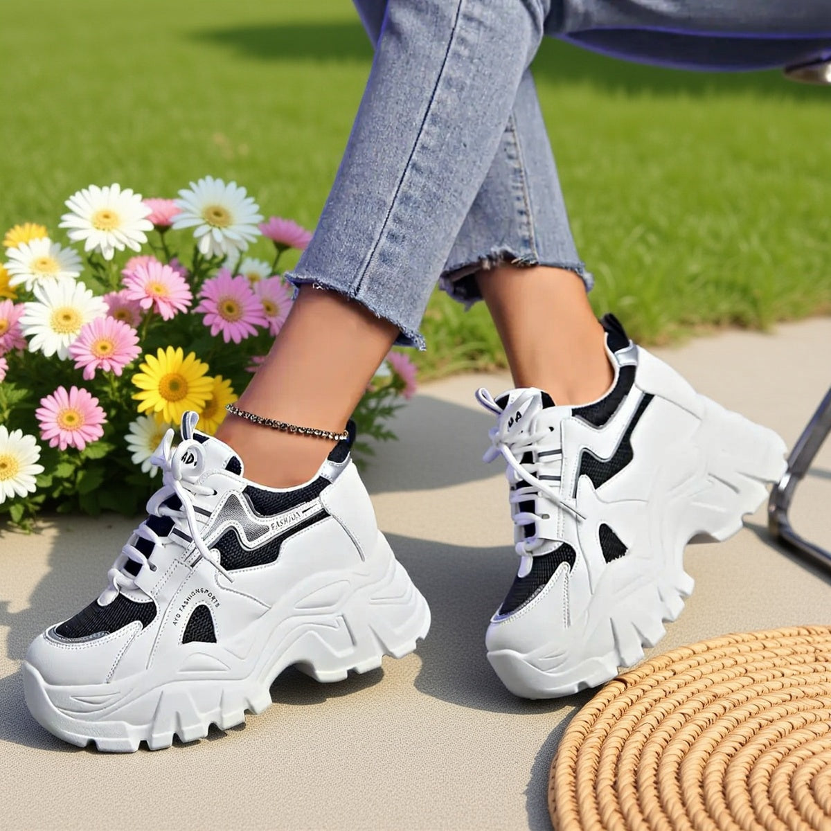 Solid Color Mesh Sneakers for Women, Lace-Up Thick Sole Soft Sole Elevating Footwear, Round Toe Breathable Athletic Shoes, Women Shoes
