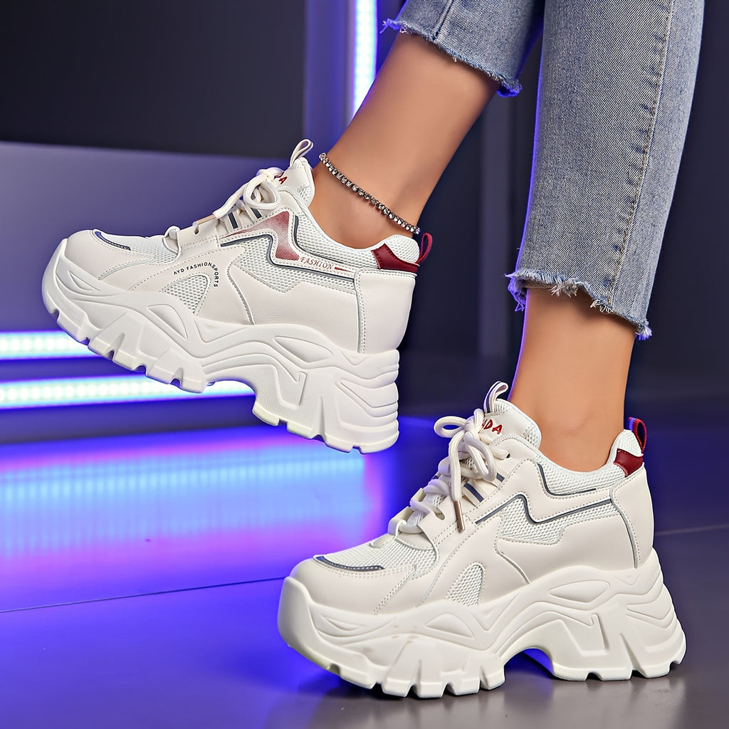 Solid Color Mesh Sneakers for Women, Lace-Up Thick Sole Soft Sole Elevating Footwear, Round Toe Breathable Athletic Shoes, Women Shoes