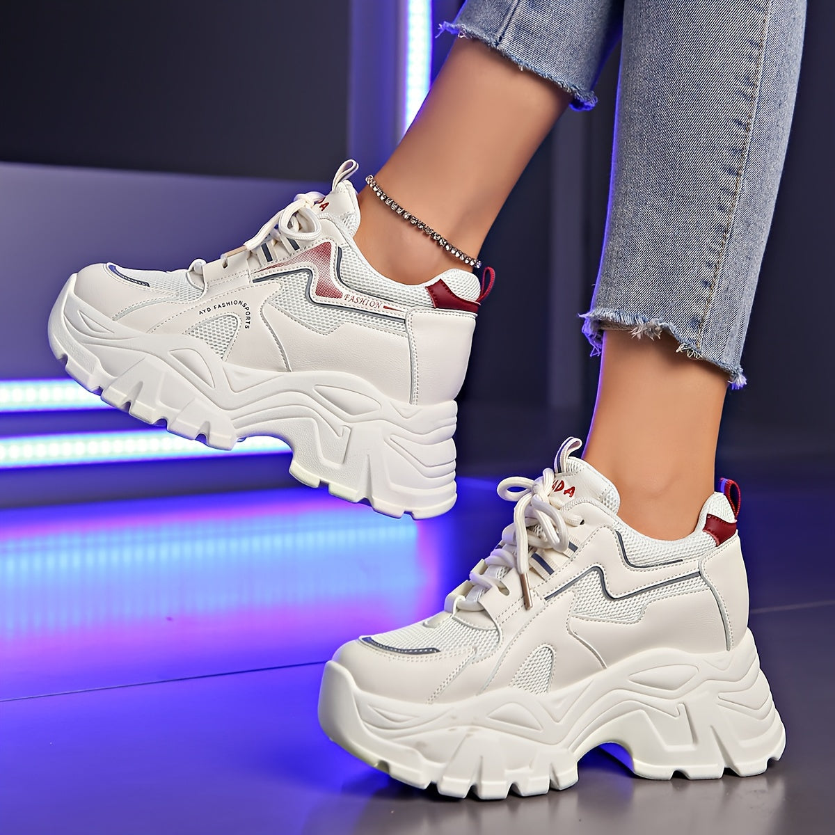 Solid Color Mesh Sneakers for Women, Lace-Up Thick Sole Soft Sole Elevating Footwear, Round Toe Breathable Athletic Shoes, Women Shoes