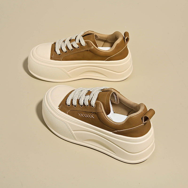 Pancake-style Platform Casual Sneakers for Petite Women | Stylish and Versatile, Suitable for Heightening and Enhancing Athletic Performance, Upper, Rubber Sole, Fabric Inner, Lace Closure, All-Season, Solid Color