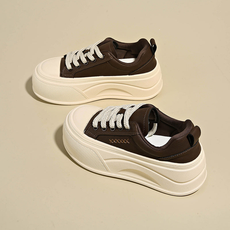 Pancake-style Platform Casual Sneakers for Petite Women | Stylish and Versatile, Suitable for Heightening and Enhancing Athletic Performance, Upper, Rubber Sole, Fabric Inner, Lace Closure, All-Season, Solid Color