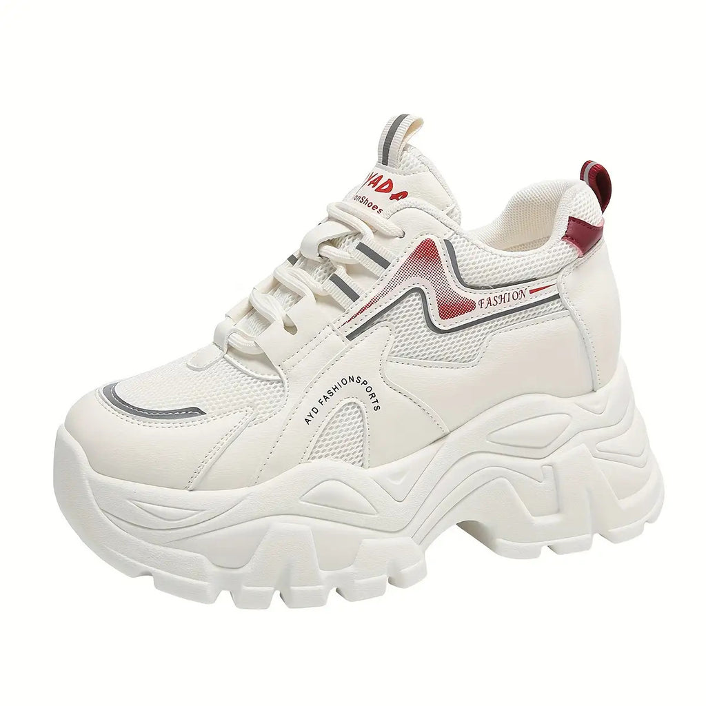 Solid Color Mesh Sneakers for Women, Lace-Up Thick Sole Soft Sole Elevating Footwear, Round Toe Breathable Athletic Shoes, Women Shoes